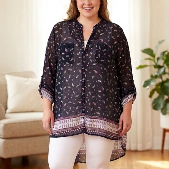 Live 4 Truth Tops - Hi-Low Sheer Blouse Women's 3XL Navy with Paisley Accents Pull Over Dressy Plus